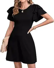 [Generic] Womens Dress Summer Crew Neck Elegant Ruffle Mini Dress Casual Flowy Boho A-Line Beach Sundress