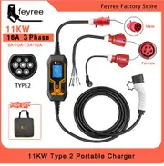 11KW 16A 3 Phase EV Portable Charger Type2 5M Cable EVSE Charging Box Electric Car Charger CEE Plug for Electric Vehicle Type2 11KW 5M with Adaptor
