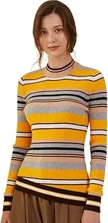 [ZHILI] Women's Knit Stripes Mock Neck Pullover Pure Cashmere Jumper Sweater