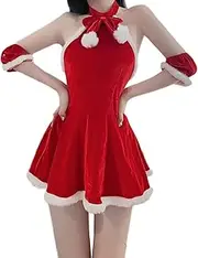 [Oludkeph] Women's Costume Mrs. Claus Santa Christmas Outfits Sexy Lady Cosplay Halter Backless Mini Dress