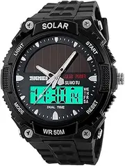 [FANMIS] Men's Solar Powered Casual Quartz Wrist Watch Analog Digital Multifunctional Black Sports Watch