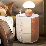 Fin Modern Exquisite Leather Side Marble Round Nightstand 3 Drawers Storage Cabinet