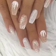 Christmas Press on Nails Short Coffin Fake Nails Snowflake Flame Full Cover Stick on Nails Winter Xmas White Press on Nails False Nails for Women Girls 24Pcs