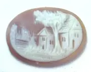 NOS Antique Hand Carved Oval Shell CAMEO Stone House & Tree Scene #N450