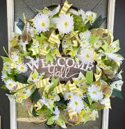 XL Welcome Y'all Lemon & Daisy Deco Mesh Front Door Wreath Handmade Home Decor