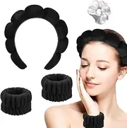 4 PCS Makeup Headband for Women - Soft Sponge Spa Headband and Wrist Washband Set/Skincare Headbands for Face Washing, Shower, Makeup Removal for Girls Women (Black)