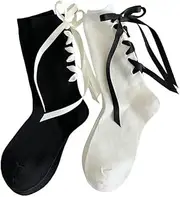 [Leadigol] 2 Pairs Women Ankle Socks Kawaii Japanese JK Lolita Bow Bandage Socks Casual Ankle Socks Cotton Middle Tube Socks Sweet Breathable Calf Socks Dress Sock, White, One Size