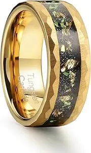 [Zillaly] 8mm Men's Tungsten Carbide Ring Gold/Black Hammered Meteorite Shavings Gold Foil Inlay Galaxy Nebula Green Opal Engagement Wedding Ring Matte Finish Comfortable Fit