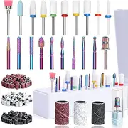 Hotolove 20pcs Nail Drill Bits Set - 3/32 Inch, Diamond & Ceramic Bits, 300pcs Sanding Bands Kit for Home Nail Salon DIY Manicure Pedicure Beauty Center