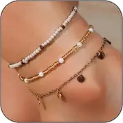 [FANCY SHINY] Beaded Ankle Bracelets Gold Stainless Steel Anklets Adjustable Boho Anklet Set for Women