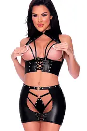 [Comme-Ci Comme-Ca] Ambrosia Collared 3 Piece Open Cup Bra, Thong & Skirt Set