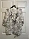 NWT Malvin I Love Linen Top Blouse Size L Large White Blue Tassel Tie 3/4 Slv