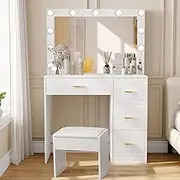 White Vanity Desk with 11 LED Bulbs, 4 Storage Drawers, USB Charging Station, Padded Stool for Bedroom Makeup Desk with Drawers Vanity Table and Chair Set Desk Vanity Combo Makeup Vanity with Lights