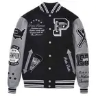 Black Gray Wool Leather Varsity Jacket Unisex Full Snap Bomber Style