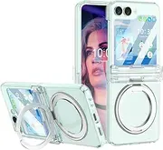 ELEPIK for Galaxy Z Flip 5 Case with Sturdy 360°Rotatable Ring Stand, [Hinge Protection] [Compatible with MagSafe] [Back Window Screen Protector] Military-Grade Slim Z Flip 5 5G Phone Cover, Clear.