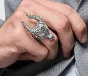 Baphomet Sabbatic Goat Ram Silver Ring, Silver Occult Goat Biker Ring