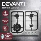 Devanti Gas Cooktop 60cm Gas Stove Cooker 4 Burner Cook Top Knobs Steel LPG New