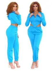 Sexy Beautiful Women's Zipped Hoodie Crop Top And Side Pockets Jogger Pants Set