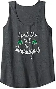 [X.Style] Womens I Put The She in Shenanigans St. Patrick's Day Drinking Tank Top ds5450 T-Shirt Black
