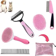 Dog Grooming Kit Pink - Deshedding Dog Brush, Pet Brush, Cat Brush, Slicker Brush, Flea Comb, Puppy Brush Set