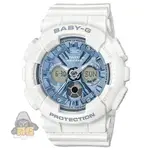 【CASIO】台灣卡西歐公司貨 BABY-G 金屬三眼搖滾甜美運動女錶 100米防水-白X金屬藍(BA-130-7A2)