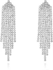 [Luxval] Rhinestone Earrings Dangling for Women Sparkly Silver Dangle Earrings Girls Long Chandelier Earrings Tassel Lightweight Ear Studs Cubic Zirconia Crystal Statement