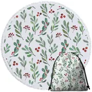 Modest Green Leaves and Berries Round Beach Towel