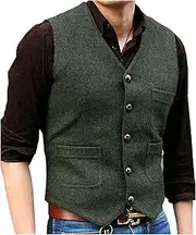 [SOLOVEDRESS] Mens Vintage Tweed Suit Vest V Neck Casual Wool Waistcoat for Wedding Groomsmen, Army Green, Large