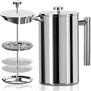 French Press Coffee Maker, 304 Grade Stainless Steel Insulated Coffee Press with 2 Extra Screens, Silver