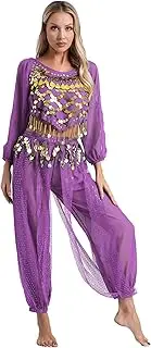 [TiaoBug] 2-Piece Women's Halloween Costume Set Belly Dance Crop Top Shiny Harem Pants for Dress Up Party