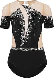 [inhzoy] Kids Girls Sparkly Rhinestone Gymnastics Leotard Figure Skating Dance Performance Bodysuit