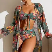 Women's Swimwear Bikini Swimsuit Vacation Floral Long Sleeve Bathing Suits