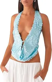 [Sastianaen] Women Y2k Sequin Beaded Cami Tops Backless Cowl Neck Spaghetti Strap Pearl Sparkle Glitter Cropped Tank Top
