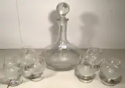 Toscany Etched Clipper Ship Decanter/top & 6 Snifters Romania Hand Blown Barware
