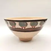 Studio Art Pottery Bowl Hand Made Painted Beige with Beautiful Trees Design 7"