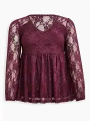 NWT TORRID ( 2X 18-20) Babydoll Lace V-Neck Peasant sleeves Top Stretch purple