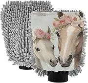 XYMZR Absorbent Microfiber Car Wash Mitt Horse Garland Cute, Funny Cute Anime Scratch Free for Cars Cleaning, Home Cleaning Mitts, 2 Pack, 10.24” L x 7.09” W