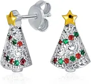 [Bling Jewelry] Small Fun Holiday Jewelry Set Winter Colors Enamel CZ Santa Claus Christmas Tree Snowman Gingerbread Man Stud Earrings for Women Teens .925 Sterling Silver
