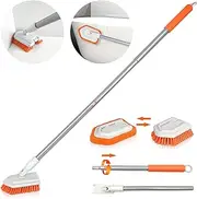 Shower Scrubber 2-in-1 Tub and Tile Cleaning Brush with Long Handle, Detachable Stiff Bristle Scrub Brush and Sponge Head for Bathroom, Bathtub, Floor