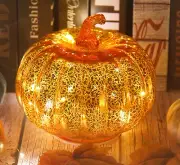 Mercury Glass Pumpkin Light with Timer, with 10 Fairy Lights Inside,Battery Oper