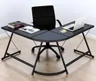 SHW Tempered Glass Gaming L-Shaped Desk Office Computer Desk, Black
