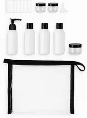 Travel Toiletry Bottles Set – 100ml Leakproof Travel Containers with Pump, Flip Tops, Jars, Funnel & Labels – Cabin Approved Refillable Bottles for Shampoo, Lotion, Cream – 8pc