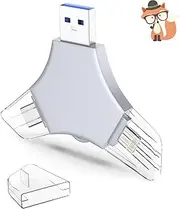 USB 3.0 Flash Drive 64gb for iPhone, 3in1 External Memory Picture Keeper Storage Stick for Photo/Video/Data Saver/Backup, V9.42High Speed Thumb Drives for iPhone/iPad/Android/PC - Tan-Gray