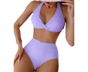 Women 2 Piece Set V Neck Bra Top Brief Bottom Bikini Tummy Control Swimsuit Beach Swimwear Beachwear - Light Purple