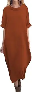 [Generic] Womens Casual Loose Round Neck Middle Sleeved Swing Long Dresses Large Sized Linen Dresses for Women Ladies Black Swing Midi Dress Short Sleeved Party Sexy Mini Dress Extra Size