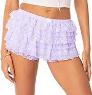 [NUFIWI] Women Ruffle Lace Shorts Bloomers Summer Casual Layered Tiered Pleated Slim Fit Floral Lace Trim Shorts