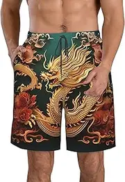 [FJWSLCH] Dragon Chinese Background Men's Swim Trunks Quick Dry Swimming Board Shorts Drawstring Hawaiian Beach Shorts