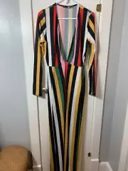 NWT BOOHOO UK Tall Katie Plunge Side Split Striped Maxi Dress Hippie Boho SZ 12