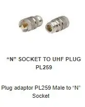 AD1076 Plug adaptor PL259 Male to “N” Socket