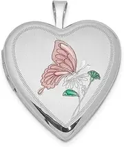 [JewelryWeb] 925 Sterling Silver Holds 2 photos Polished and satin 20mm Enameled Butterfly Angel Wings Love Heart Locket